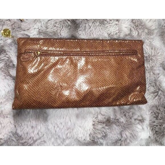 Big Buddha Faux Snakeskin Brown Clutch Oversized Gold Ornament/buckle, Purse - Picture 5 of 14